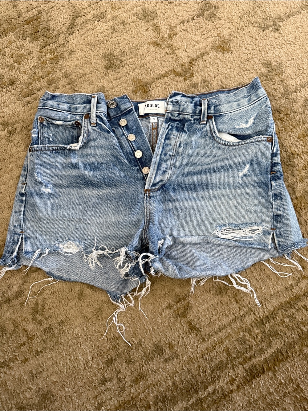 Agolde Light Wash Distressed Button-Fly Denim Shorts